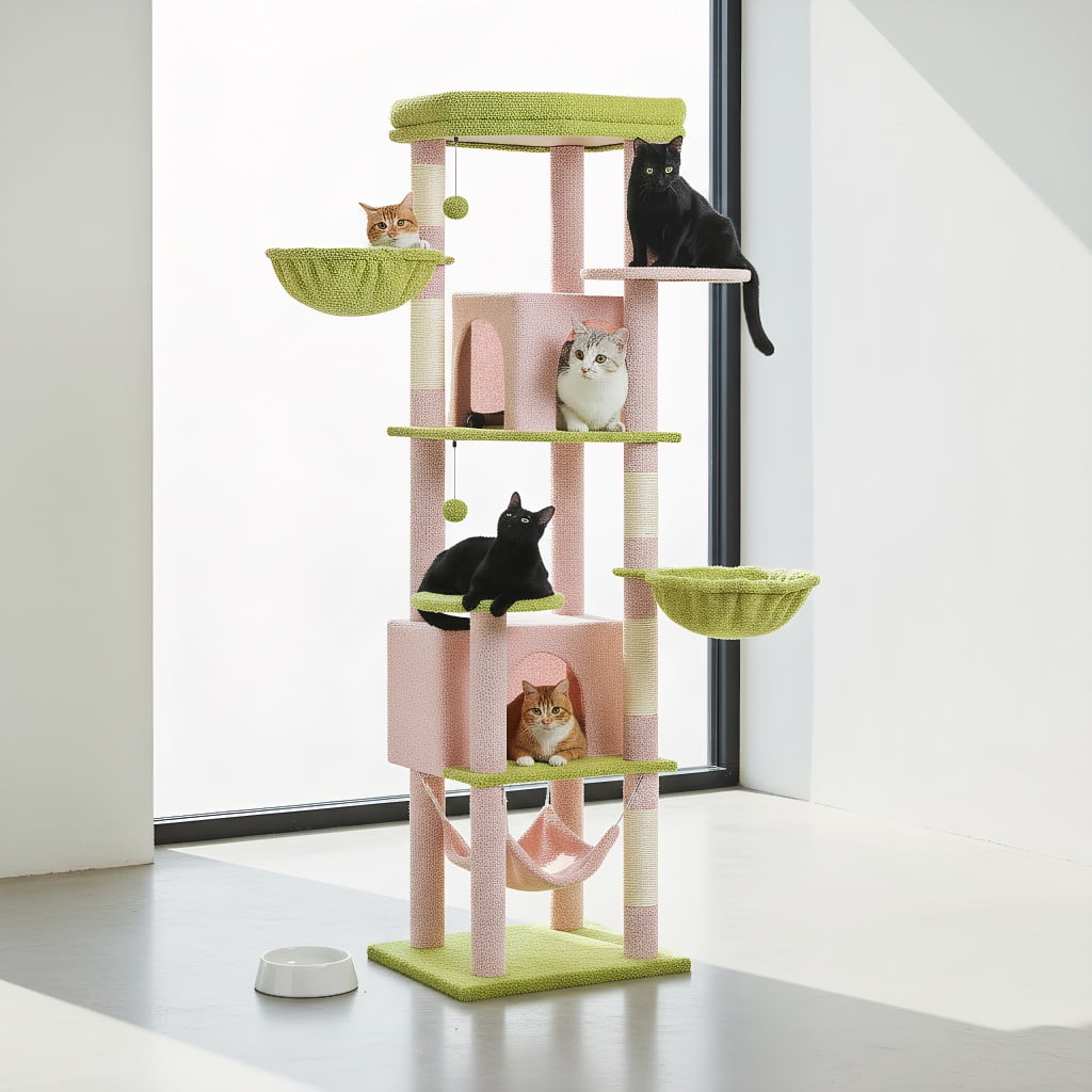 Pefilos 70" Tall Cat Tree Tower with Hammock, 5 Scratching Posts, 2 Condos and a Large Top Perches for Large Cats, Pink