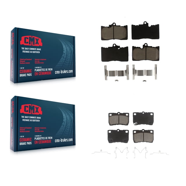 CMX Front Rear Ceramic Brake Pads Kit for Lexus IS350, GS350, GS450h, GS430, and GS460. Designed for front and rear positions, this kit includes ceramic brake pad sets with hardware. Features CeramiX™ high-density ceramic compound for stable friction and extended durability, rubberized stainless steel shims for noise reduction, and High Carbon SteelRX™ alloy with anti-rust black paint for enhanced longevity. Ideal for automotive replacement parts.