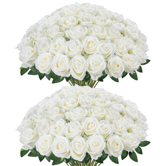 50 Pcs White Roses Artificial Flowers, Fake Velvet Silk Rose Bulk Faux Flower for Mother's Gift Decoration DIY Wedding Centerpieces Proposal Bridal Bouquets Party Floral Decor (50, White)
