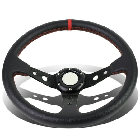 - 350mm Black 6-Bolt Spoke Red Stitched PVC Leather Racing Steering Wheel