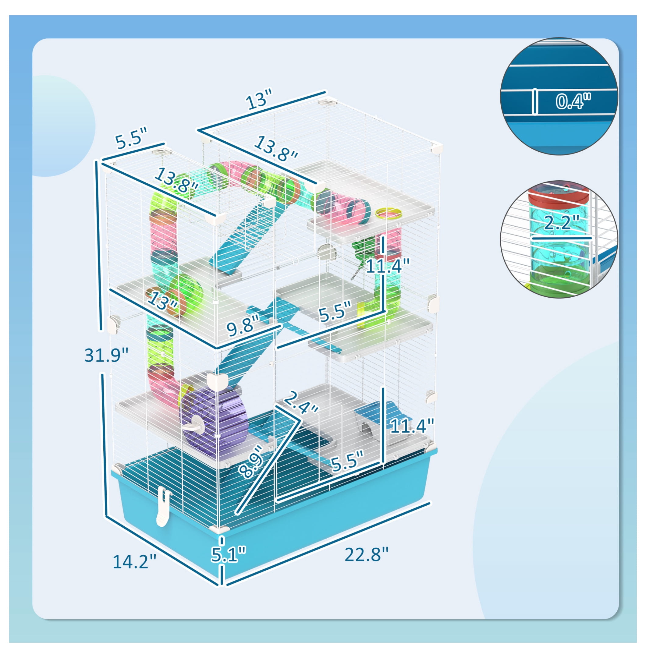 Hamster Cage 6 Tier with Tubes & Tunnels, Light Blue - Dwarf Hamster Gerbil Habitat