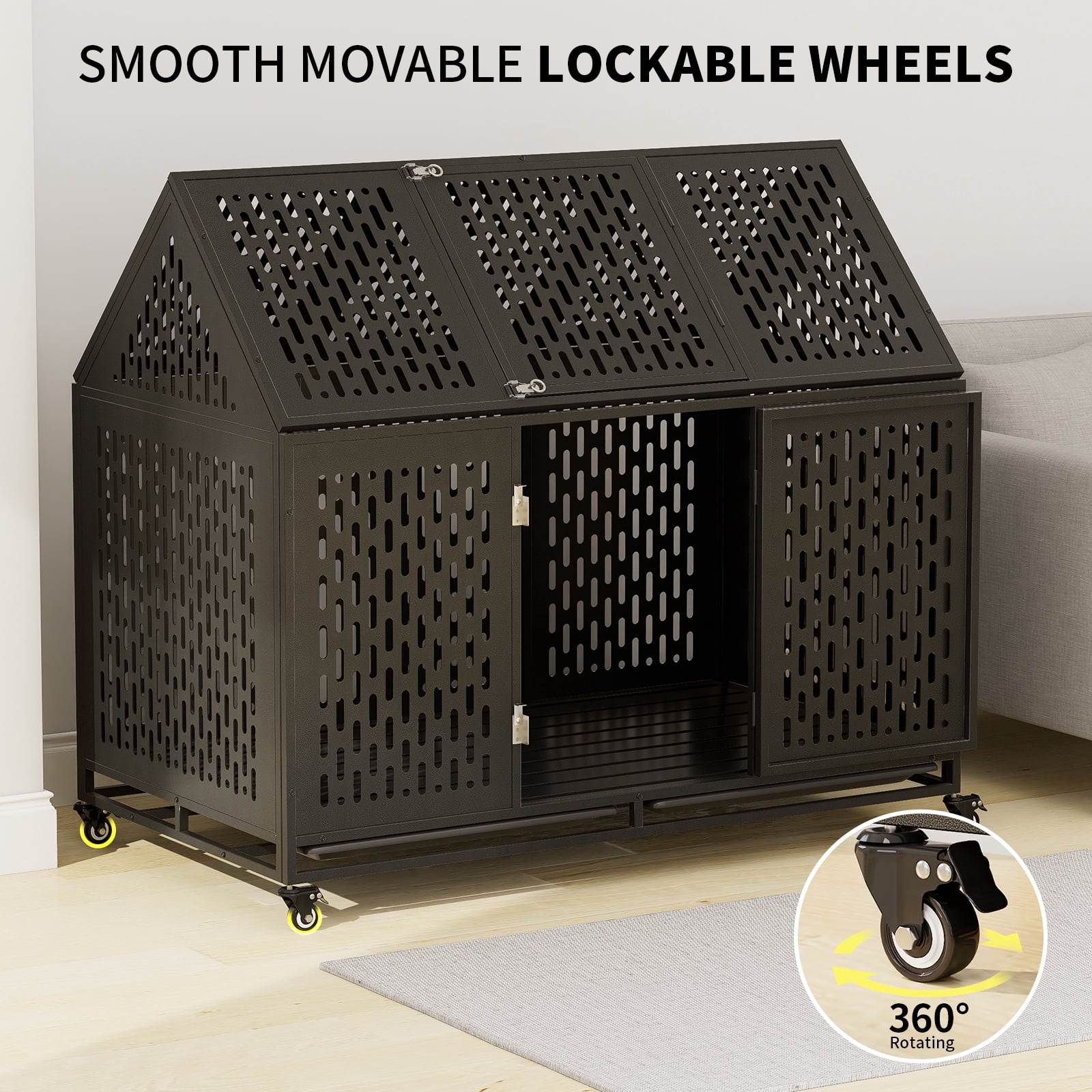 52 Inch Heavy Duty Dog Crate Extra Large Dog Cage, Indestructible XXL Dog Crate Kennel with Open Roof Top, Trays and Wheels, Escape-Proof for High Anxiety Giant Dogs