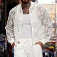 thumbnail image 2 of LMOIPLI Men's Sheer Floral Lace Bomber Jackets Long Sleeve See Through Coats Zip Up Outerwear Solid Color Long Sleeved Jackets White XXL, 2 of 5