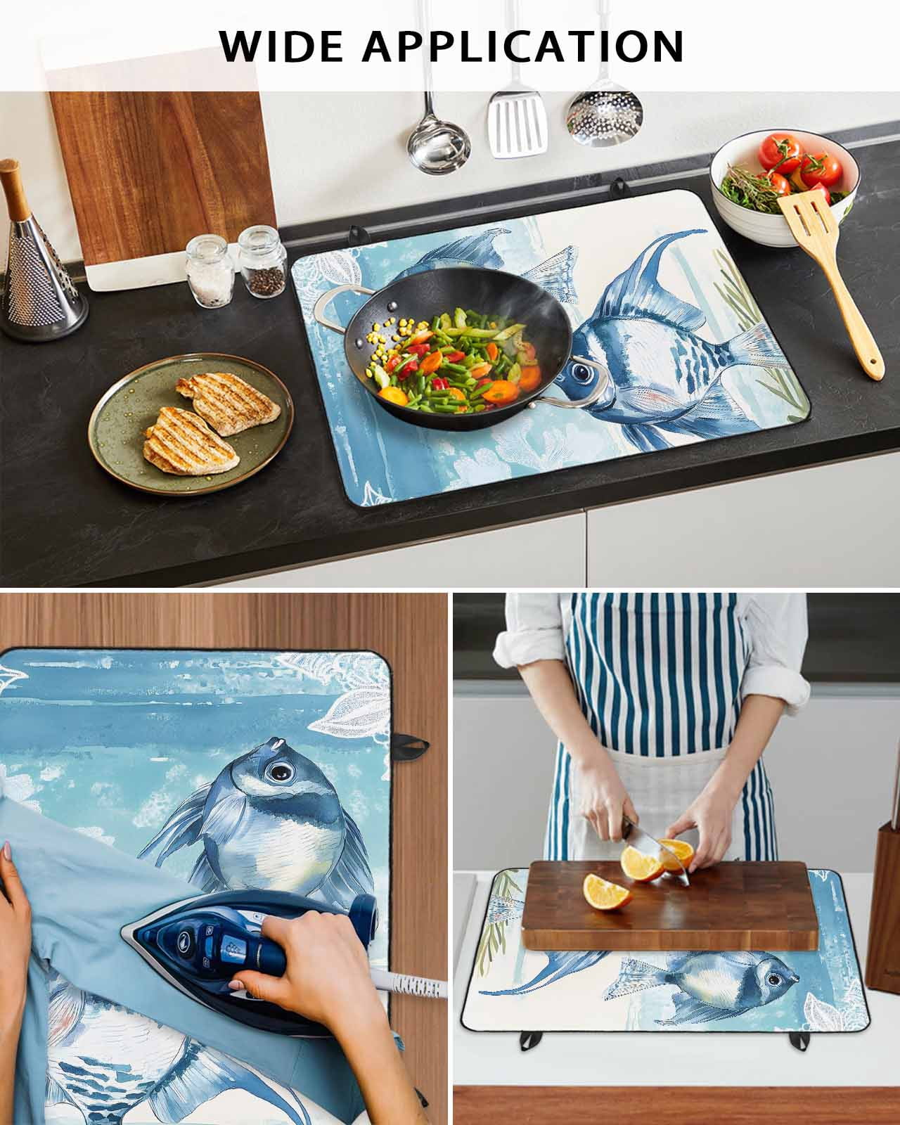 nqOlkjepod Large Induction Cooktop Protector Mat 24"x21", Summer Ocean Blue Stove Top Covers for Electric Stove, Watercolor Fish Flower Decorative Stove Burner Cover Mats, Glass Top Stove Cover