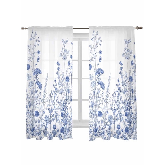 Blue Flower Plant Curtains 63 Inch Length, Sheer Curtains for Bedroom Living Room Window Retro Country Tree Branch Leaves Rod Pocket Voile Drapes Kitchen Curtains Small Half Window 42"x63" 2 Panels