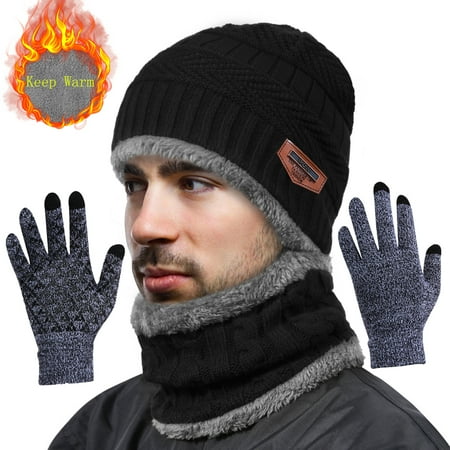 Womens Thick Hat And Scarf Set IPOW Winter Beanie Hat Scarf Set Warm Knit Hat Thick Knit Skull Cap For Men Women Kids (Black) Only Hat and Scarf ()