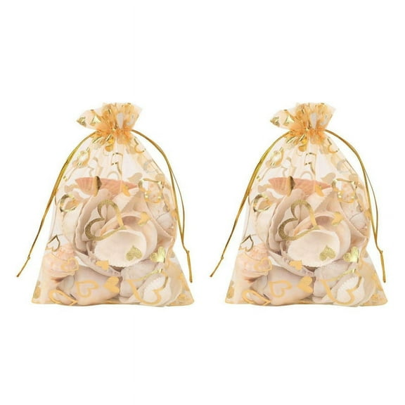 200Pcs 9X12cm Sheer Drawstring Heart Organza Jewelry Pouches Wedding Christmas Favor Gift Bags (Gold)