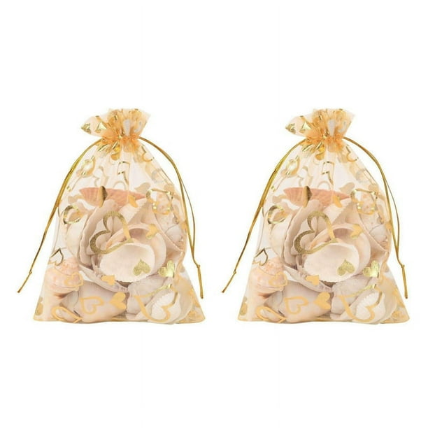 200 Piezas 9X12cm Bolsas de Joyería de Organza de Corazón de Lazo de Tejido Fino Bolsos del Regalo del Favor de La Navidad del Banquete de Boda (Oro)