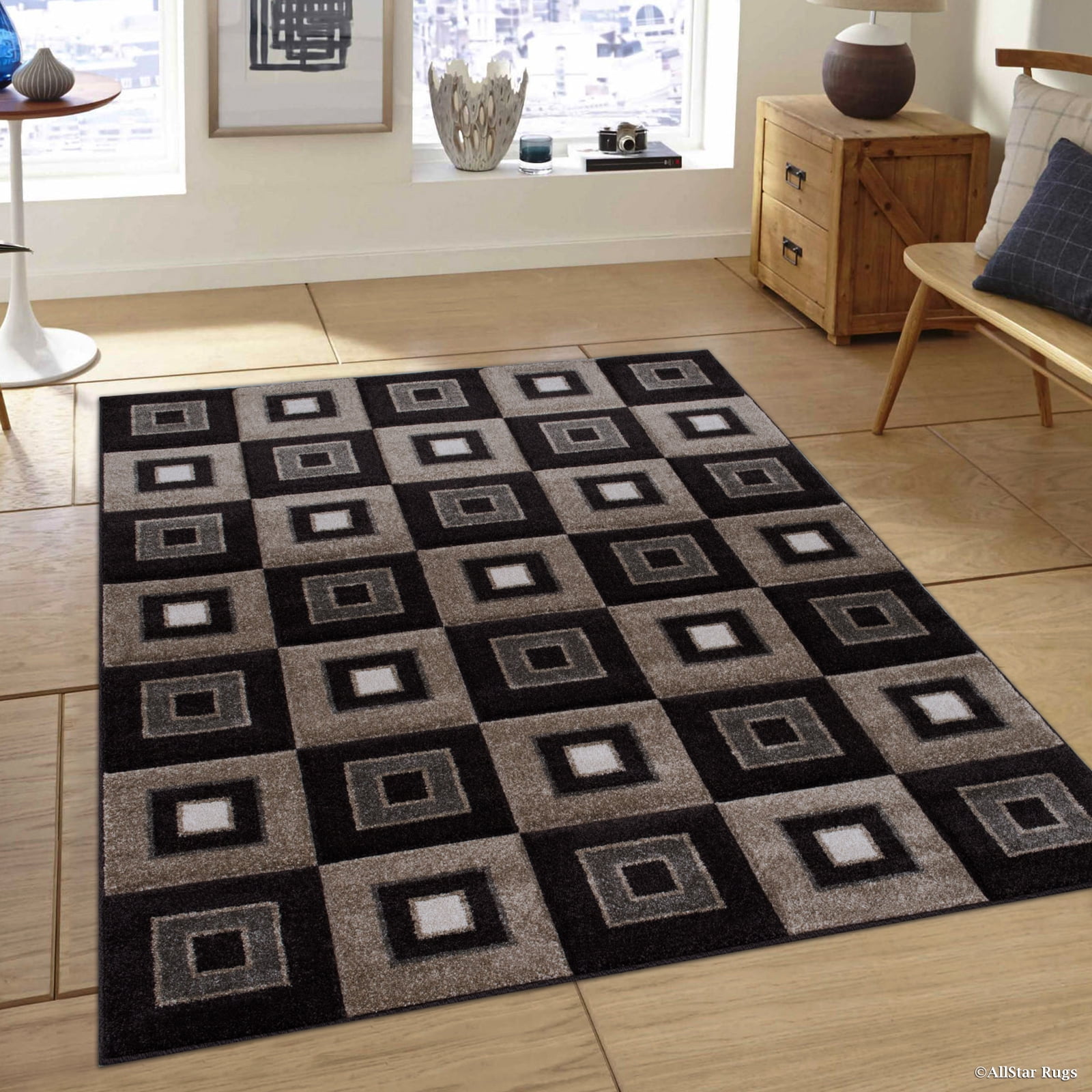 Allstar Brown Modern Geometric square design Area Rug (3' 9