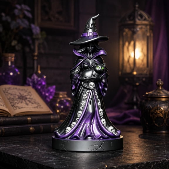 Halloween Witch Statue Figurine with Black Cat, Purple and Black Resin Witch Sculpture with Skull Dress Detail, Gothic Spooky Tabletop Decor Ornament for Home Party Large