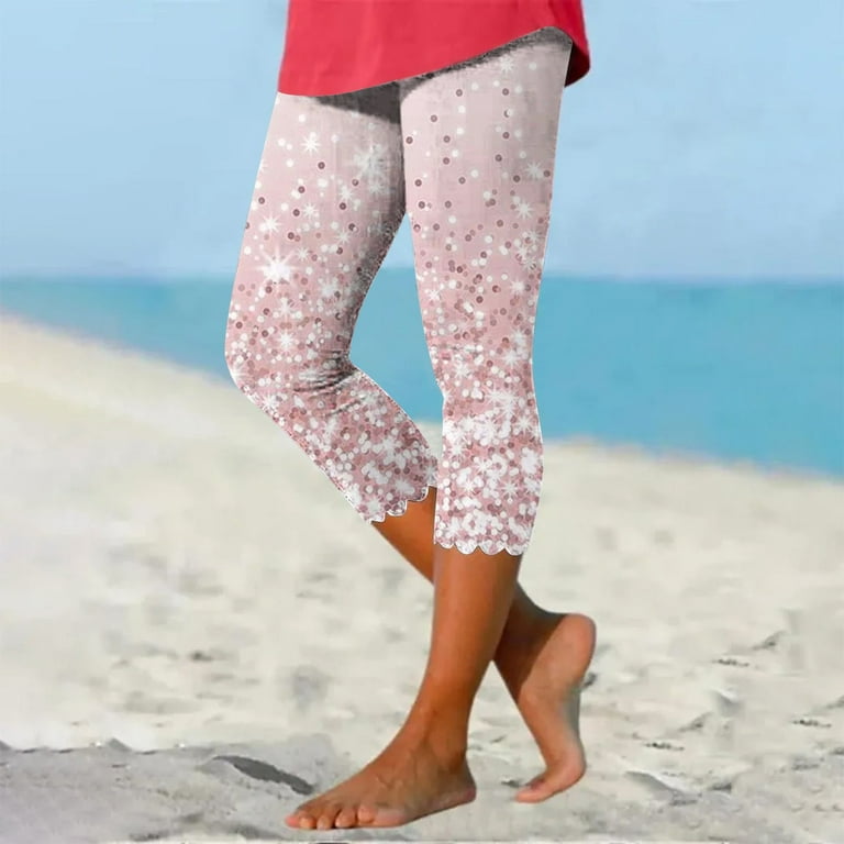 Ladies Stretch Capri Leggings Under Tunic Tops and Dress Graphic Printed  Beach Capris Cropped Pants Underpants (Medium, Pink 01)