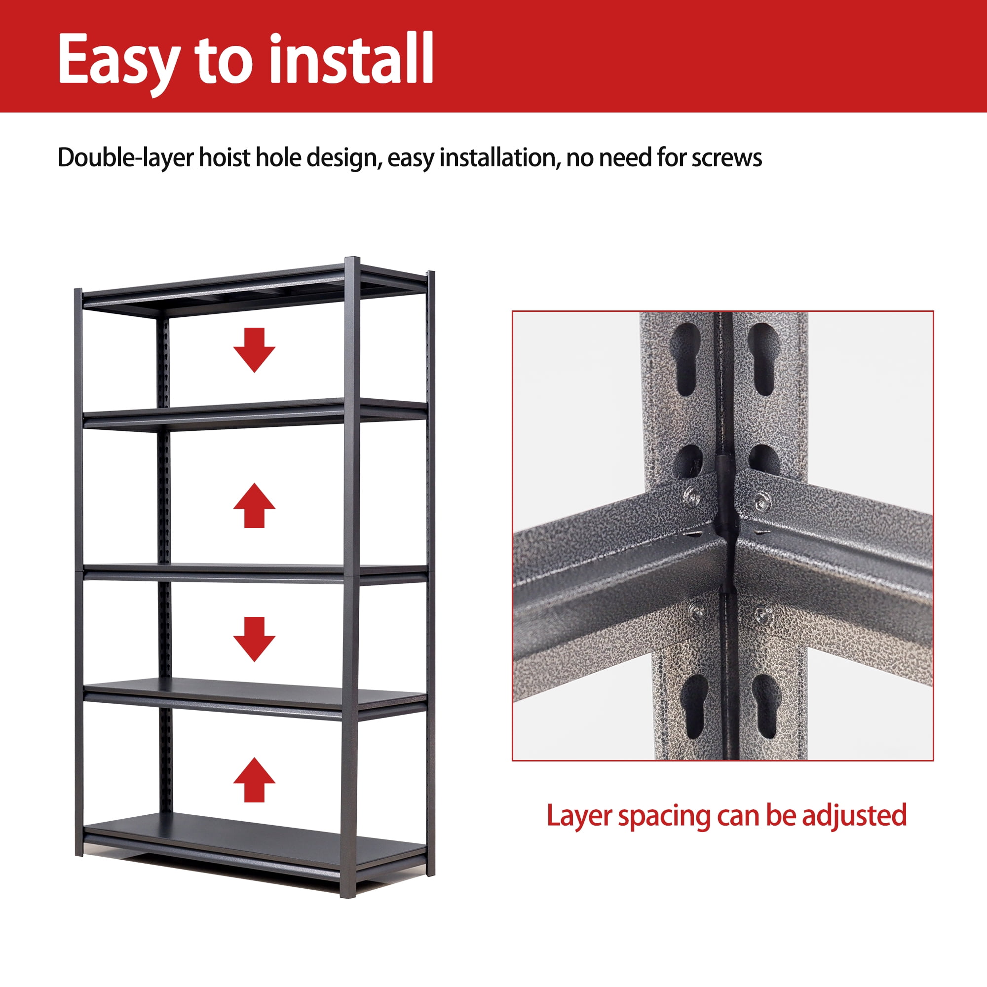 Alvantor 5 Tier Storage Shelves, Metal Storage Shelving with Adjustable Shelf for Garage Basement, 47.2"W*23.6"D*72"H Black