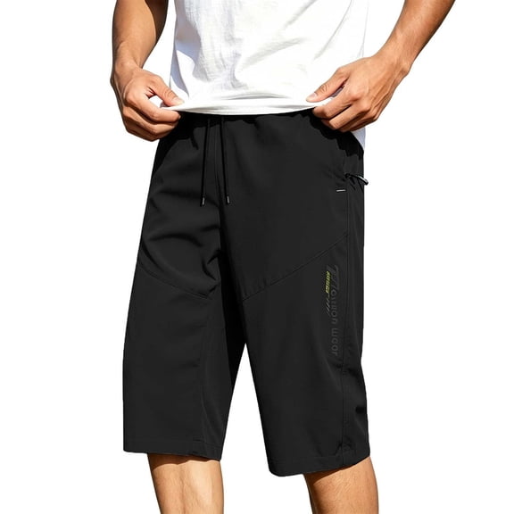 LODIENY Men's Outdoor Capri Pants Quick Dry Hiking 3/4 Below Knee Trousers Elastic Waist Drawstring Lightweight Joggers Cropped Pants with Zipper Pockets Black XXXL