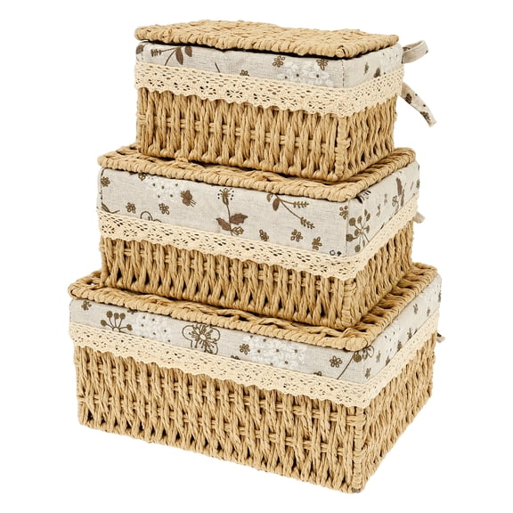 Keyohome 3Pcs Rattan Woven Storage Basket,Rectangle Paper Rope Wicker Baskets with Lid and Liner,Baskets and Bins for Bedroom, Living Room, Kitchen, Table, Home Decor