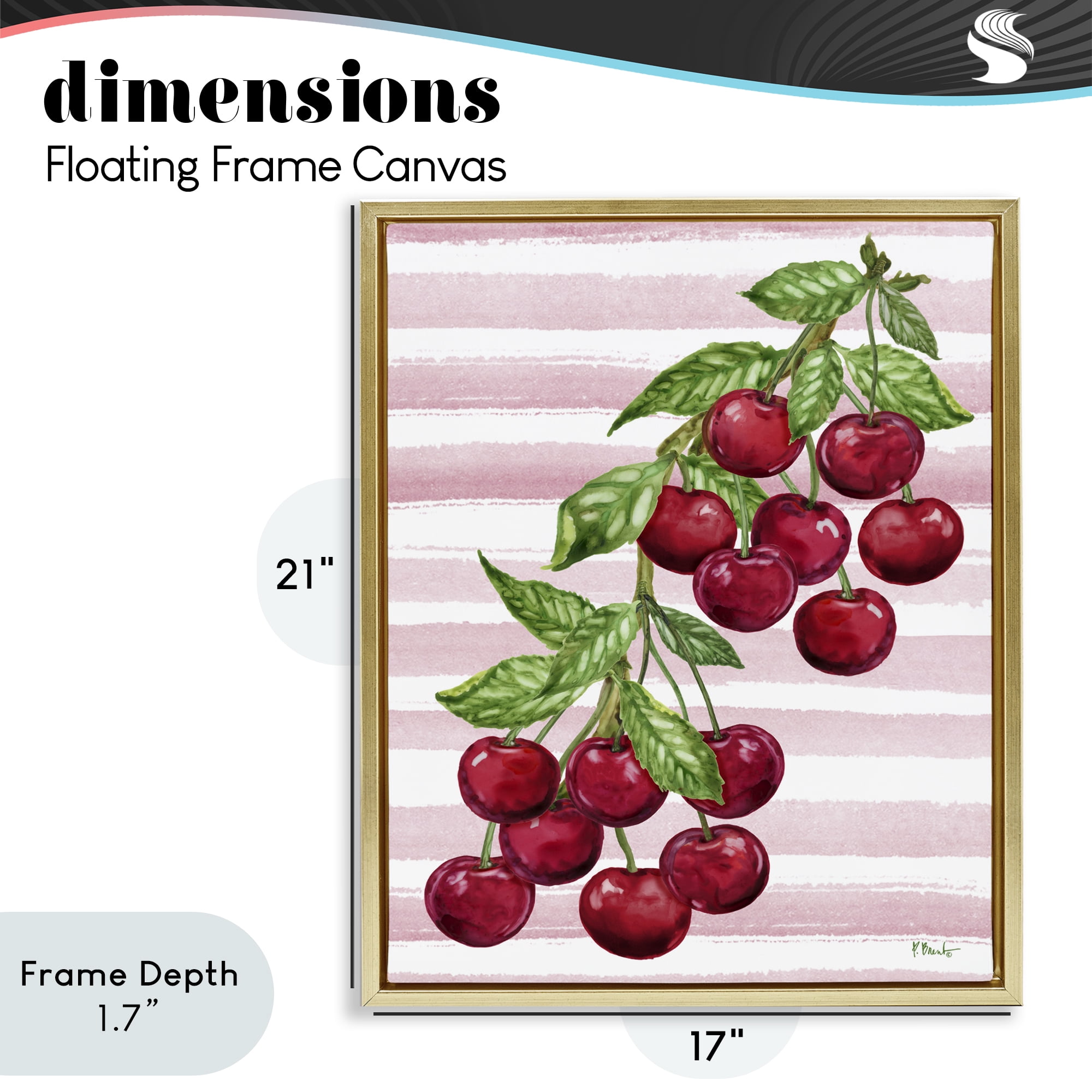 Stupell Industries Juicy Cherry Vine on Stripes Gold Framed Floater Canvas Wall Art, design by Paul Brent