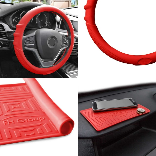 FH Group Housse de Volant en Silicone à Ajustement Universel, Marques de Prise avec Tapis de Tableau de Bord Rouge Rouge pour Auto FH3003RED-FH3011RED