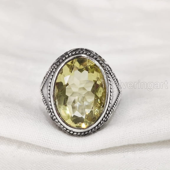 AAA Lemon Quartz Mens Ring, Natural Lemon Quartz Ring, Quartz Ring, Silver Jewelry, 925 Silver Ring, Gift, Heavy Mens Ring, Arabic Design, Ottoman Style Ring, Christmas, Turkey Mens Signet Ring