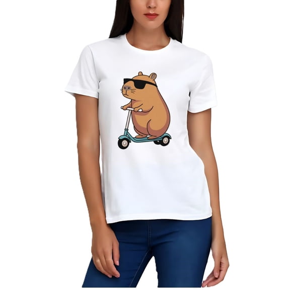 Playera Blanca Camiseta Unisex Estampado Capibara Scooter
