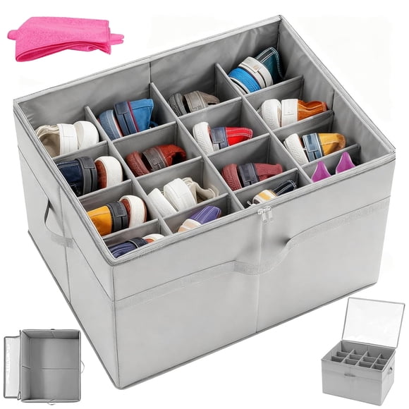 16 Pares Zapatera Organizador + 1Pcs Paño de Limpieza - Caja de Zapatos con Cubierta Transparente, Cajas Organizadoras para Zapatos Plegable, Caja para Zapatos Adecuada para Guardar Zapatos