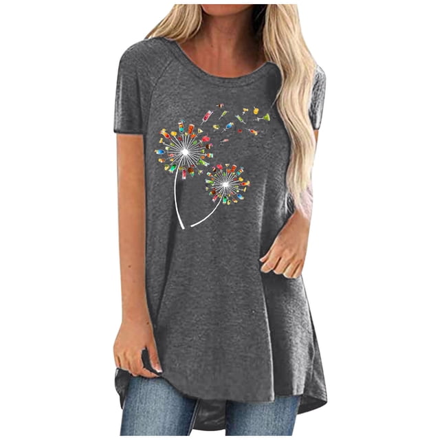 Pompotops Mode Femmes T-Shirt Imprimé Col Rond Manches Courtes Tee Décontracté Blouse