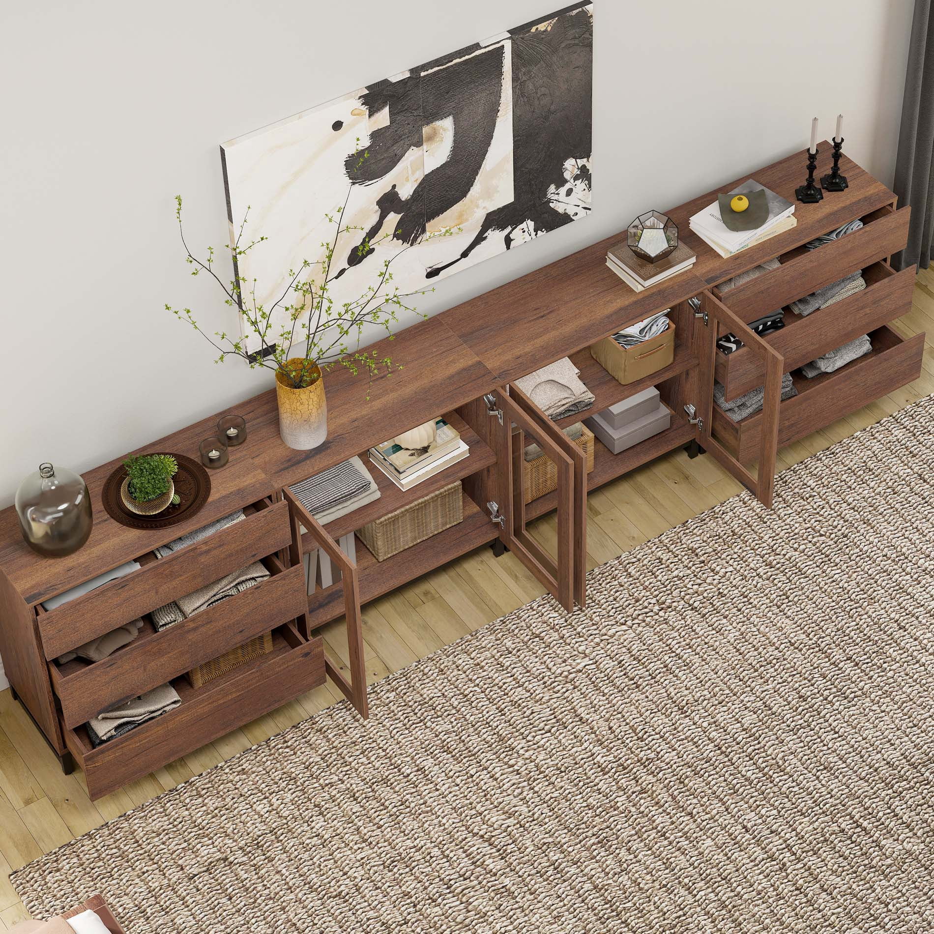 Modern Dresser with Tempered Glass Doors, 6 Drawers Storage Chest with Adjustable Shelves, 4 In 1 Household Closet Organizer for Bedroom Living Room,Brown