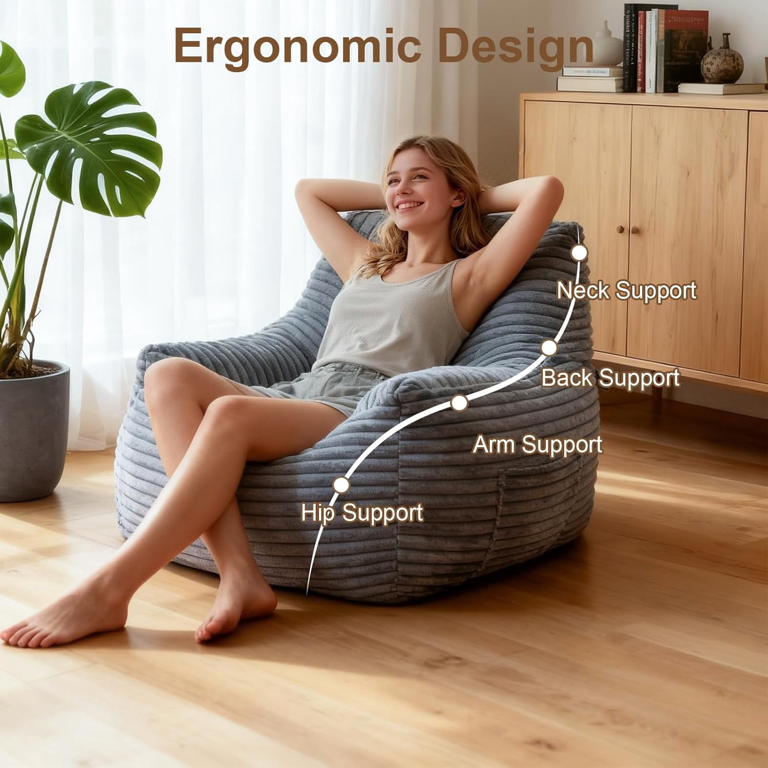 Ywen Bean Bag Chair for Adults & Kids, Giant Bean Bag Sofa with Side Pocket, Corduroy Beanbag Chair with Armrests, Comfy Stuffed Floor Sofa for Living Room Bedroom Dorm, Gray
