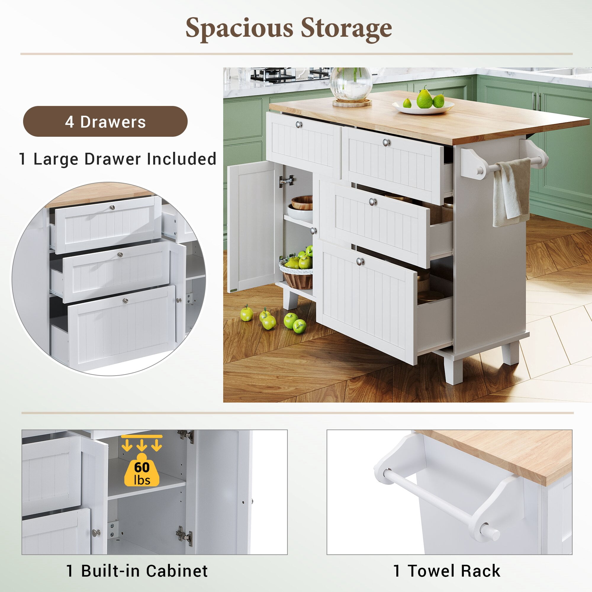 Yoneston Farmhouse Kitchen Island Set with 2 Stools, Dining Table Set with Drop Leaf, Storage Cabinet, Drawers and Towel Rack for Kitchen Dining Room, White