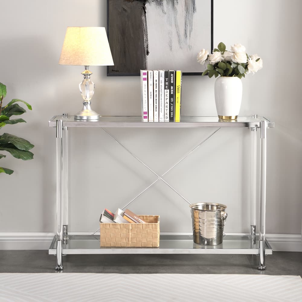 Tcbosik 43.3" Console Table with Open Shelf, Modern Sofa Table with Glass Top and Acrylic Legs, Entryway Table for Living Room, Hallway, Foyer, Chrome