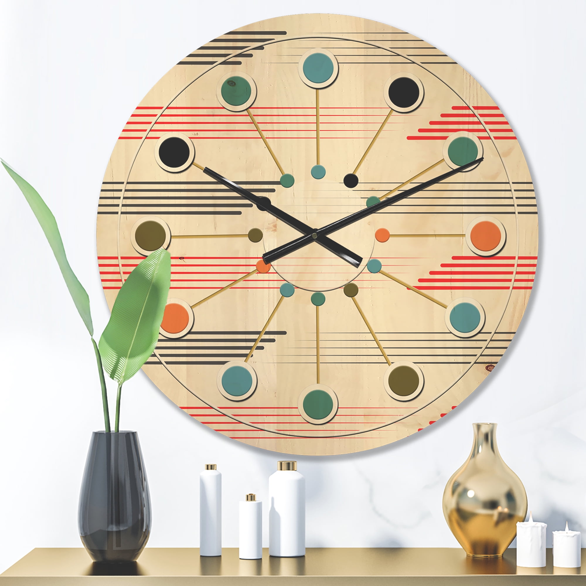 Designart 'Horizontal Geometrical Retro Pattern I' Mid-Century Modern Wood Wall Clock