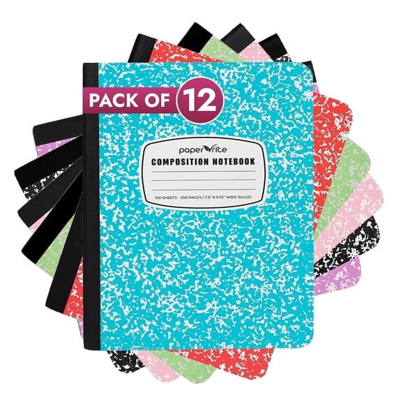 Paper Rite Marble Composition Notebook Wide Ruled (9.75x7.5 in), 100 Sheets | 200 Pages | Pack of 12