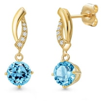 Gem Stone King 14K Yellow Gold Swiss Blue Topaz and Lab Grown Diamond Earrings for Women | 2.45 Cttw | Gemstone November Birthstone | Round 6.5MM