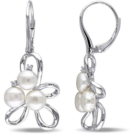 Miabella 6-6.5mm White Button Cultured Freshwater Pearl and Diamond-Accent Sterling Silver Flower Leverback Dangle Earrings