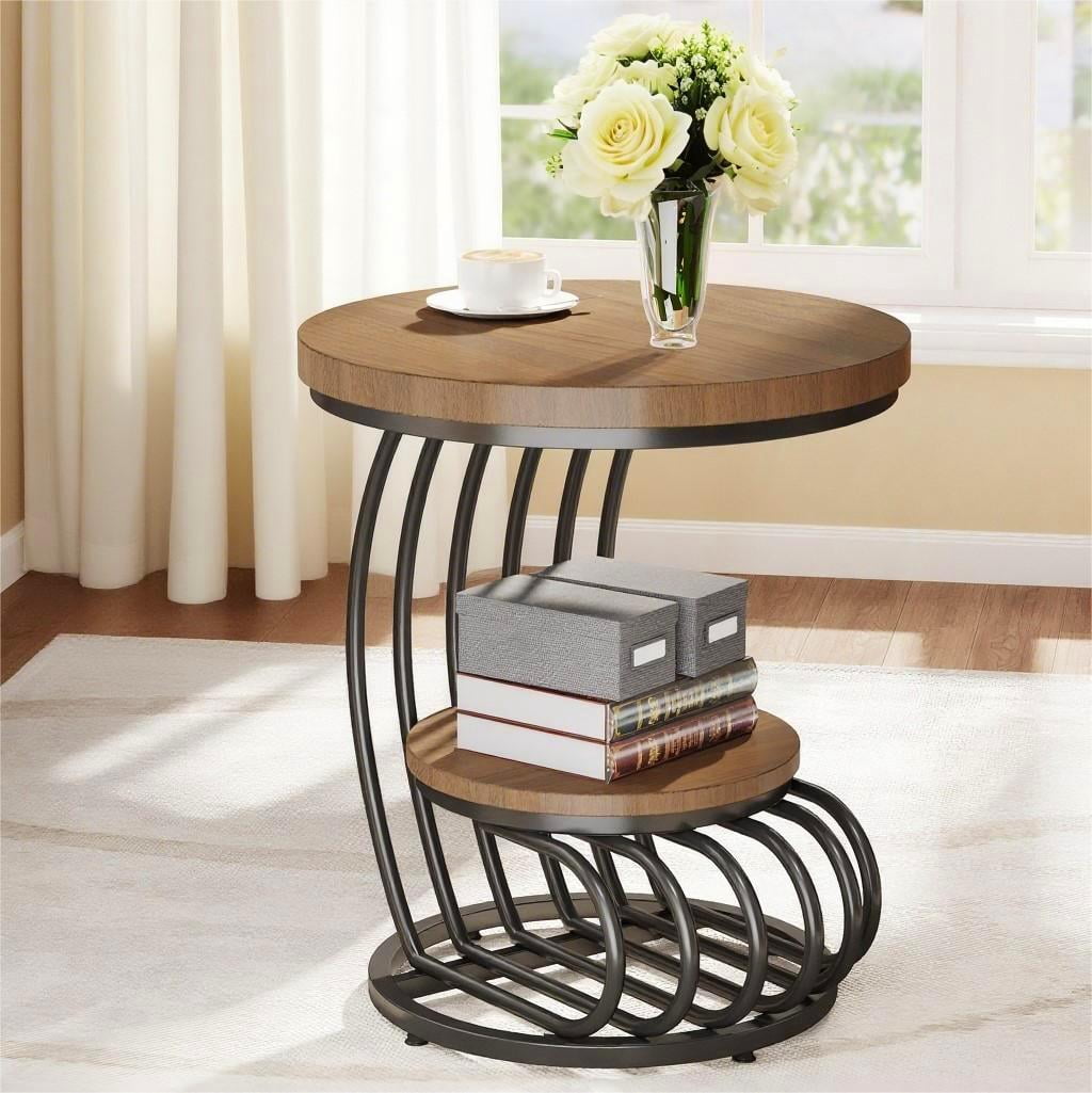 Fnova End Table Modern Wood Narrow Farmhouse Side Tables with Storage Shelf for Living Room, Bedroom, Nightstand