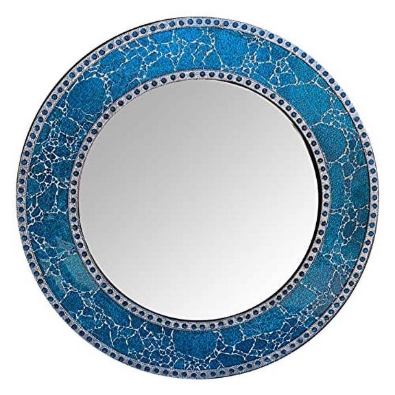 24-Inch Round Crackled Glass Mosaic Wall Mirror, Sapphire