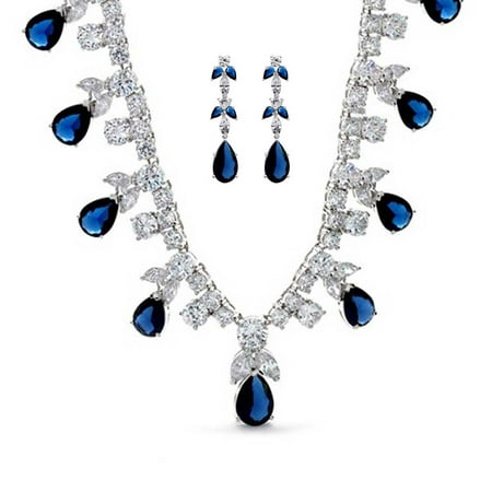 Bling Jewelry Simulated Blue Sapphire Teardrop Clear CZ Jewelry Set Rhodium Plated