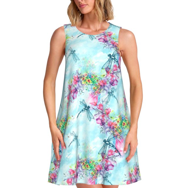 Fotbe Dragonfly Floral Vestido de Verano sin Mangas para Mujer – Vestido Midi Línea A, Estilo Camiseta Floral, Vestido Playero Casual y Fluido