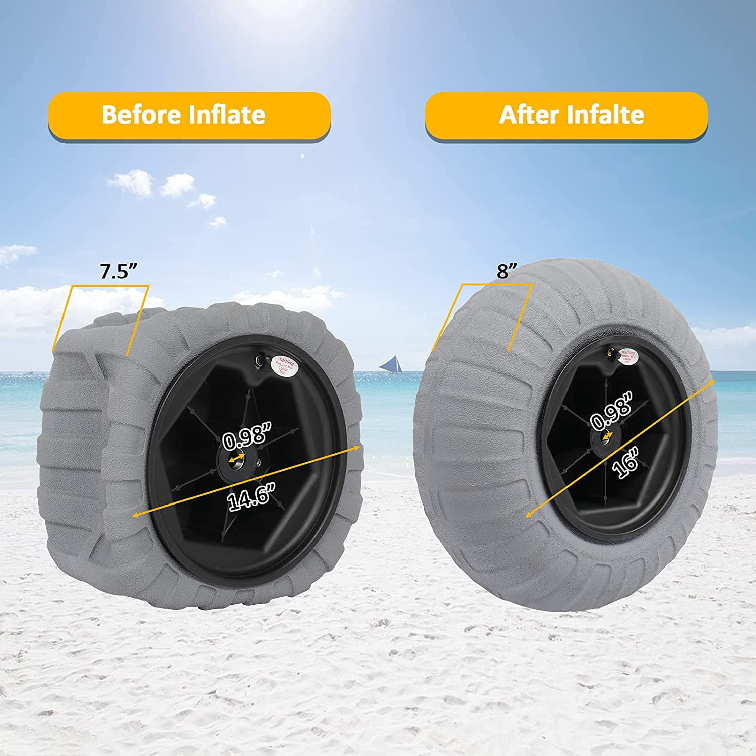Bonnlo Balloon Wheels 16" Replacement Big Beach Sand Tires Axle 20mm, 25mm Diameter for Kayak Dolly Canoe Beach Fishing Buggy Cart DIY Beach Wheels with Bearing Free Air Hand Pump 2 Pack