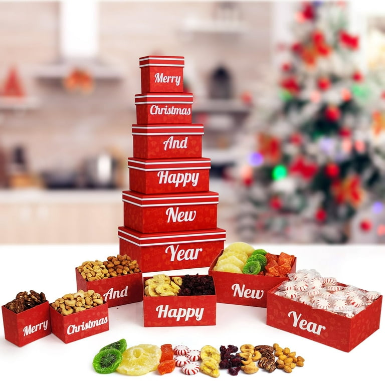 Merry Christmas and Happy New Year 6 Tier Indulgence Gift Basket Tower with  Dried Fruits & Nuts - Gourmet Food Present for Men & Women
