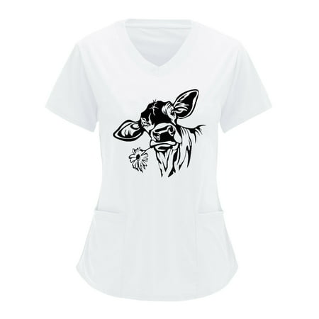 

Women Short Sleeve V-Neck Baseball Animal Cartoon Printed Scrubs Top Working Uniform Nurses Clothing Workwear Shirts Blouse Tops With Pockets Simple Clothing
