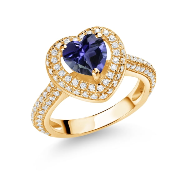 Gem Stone King 18K Yellow Gold Plated Silver Blue Iolite and White Moissanite Heart Shape Ring for Women (1.20 Cttw, Size 8)