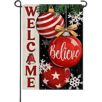 Welcome Christmas Believe Small Decorative Garden Flag, Xmas Ball Ornament Snowflakes Yard Lawn Outside Decor, Winter Holiday Farmhouse Burlap Outdoor Home Decoration Double Sided 12.5 x 18