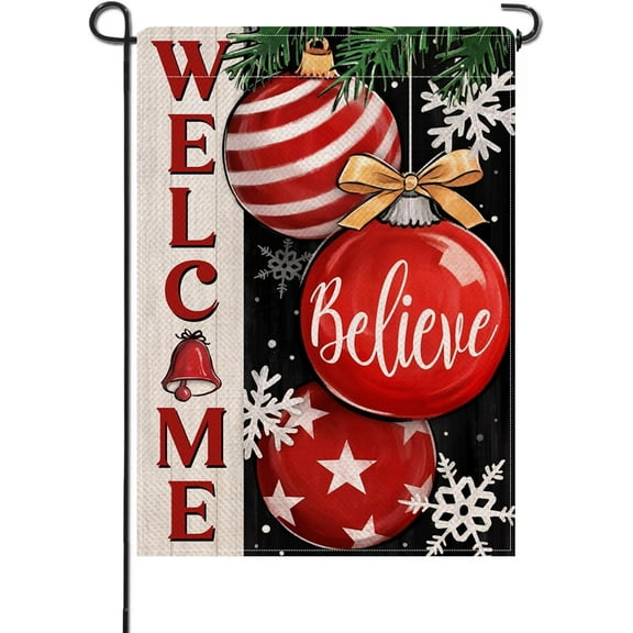 Welcome Christmas Believe Small Decorative Garden Flag, Xmas Ball Ornament Snowflakes Yard Lawn Outside Decor, Winter Holiday Farmhouse Burlap Outdoor Home Decoration Double Sided 12.5 x 18
