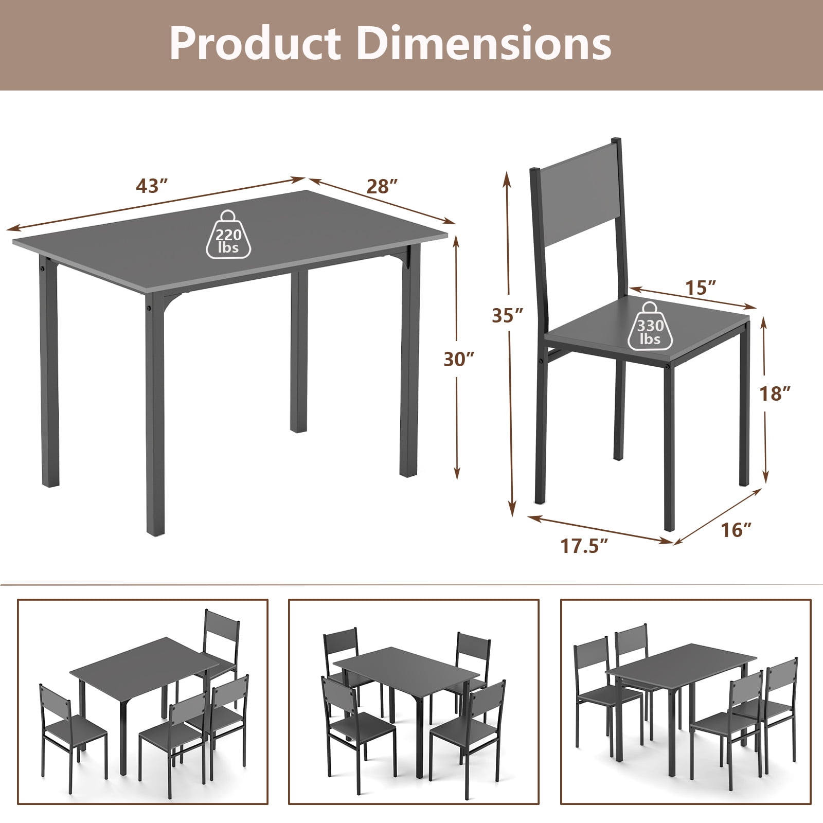 Costway 5 PCS Dining Table Set Industrial Style Kitchen Table & Chairs for 4 Gray