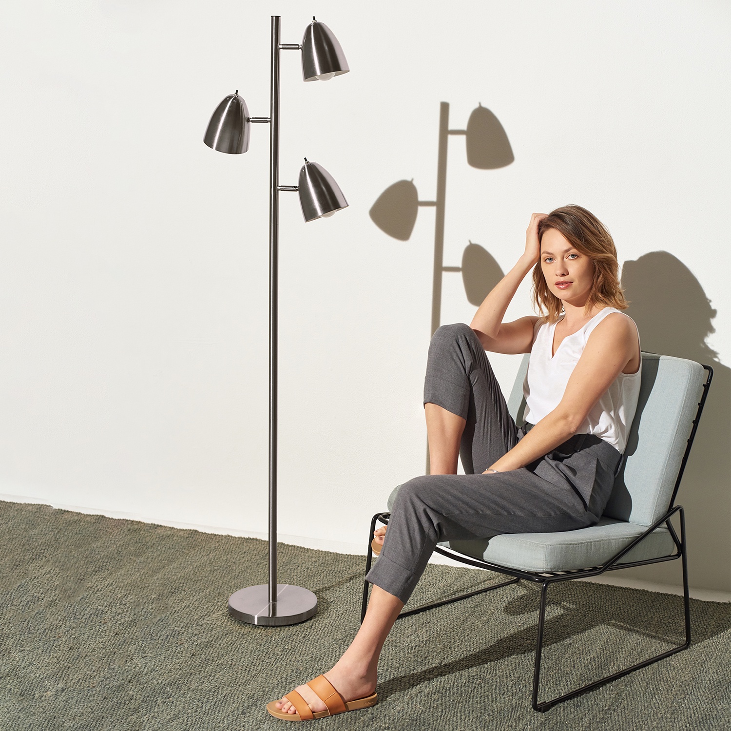 Brightech Jacob 64" Modern 3-Light LED Floor Lamp with Metal Cone Shades and 3 Adjustable Heads - Brushed Nickel
