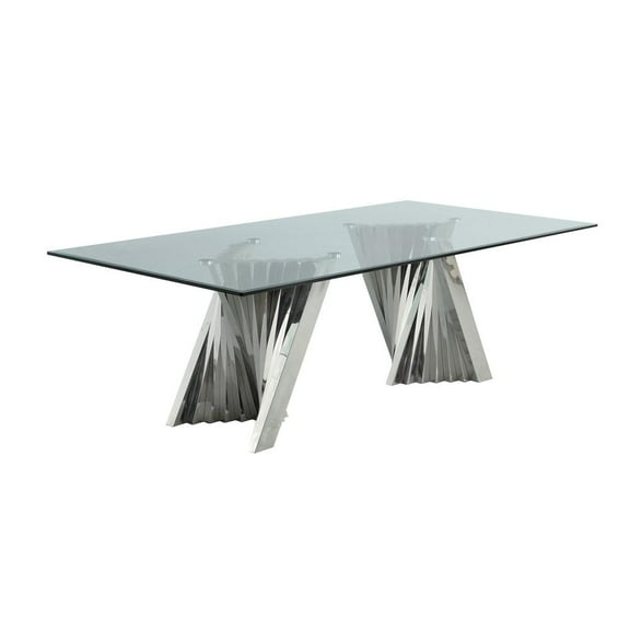 46" x 94" Clear Glass Dining Table and Silver Stainless Steel Base