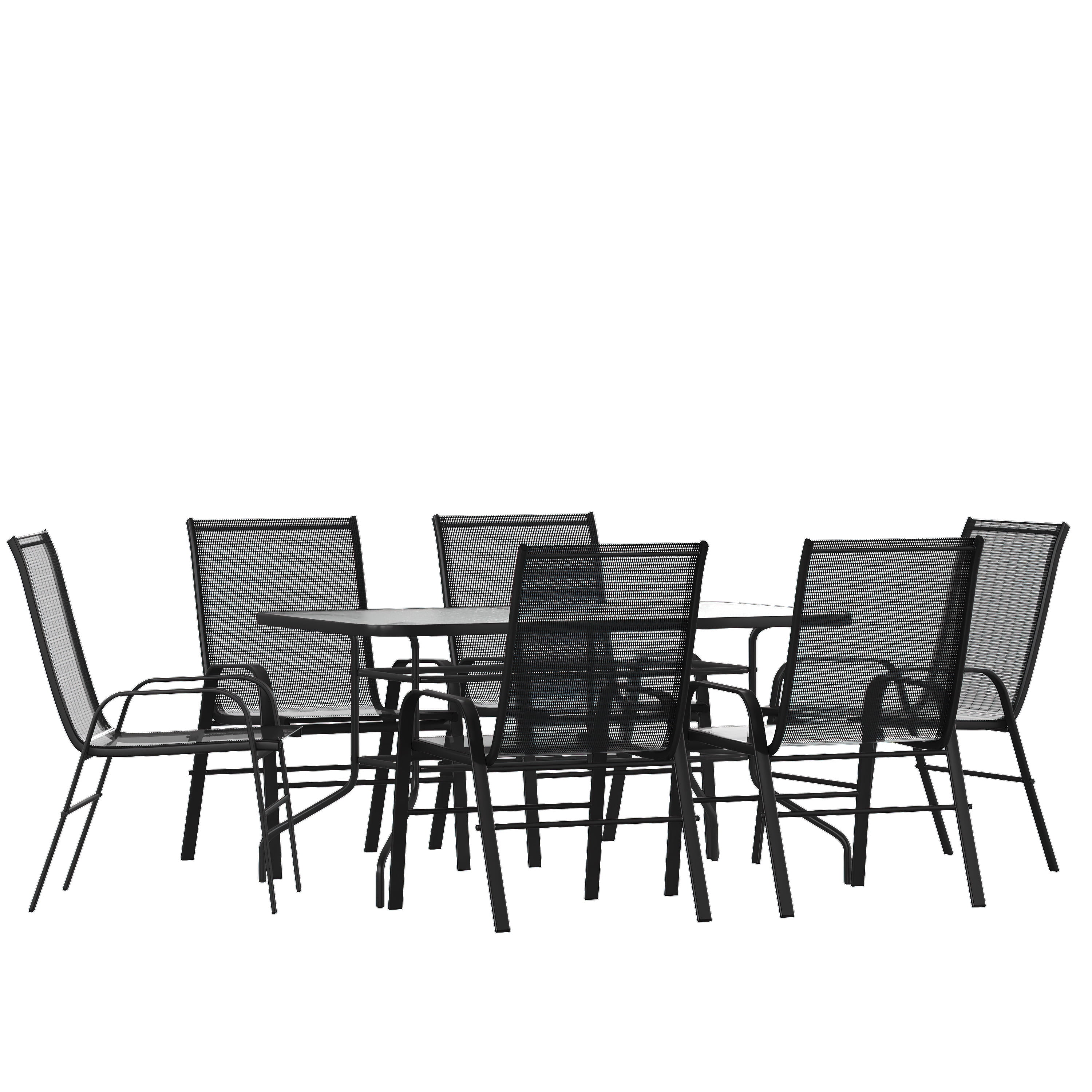 BizChair 7 Piece Outdoor Patio Dining Set - 55" Tempered Glass Patio Table with Umbrella Hole, 6 Black Flex Comfort Stack Chairs