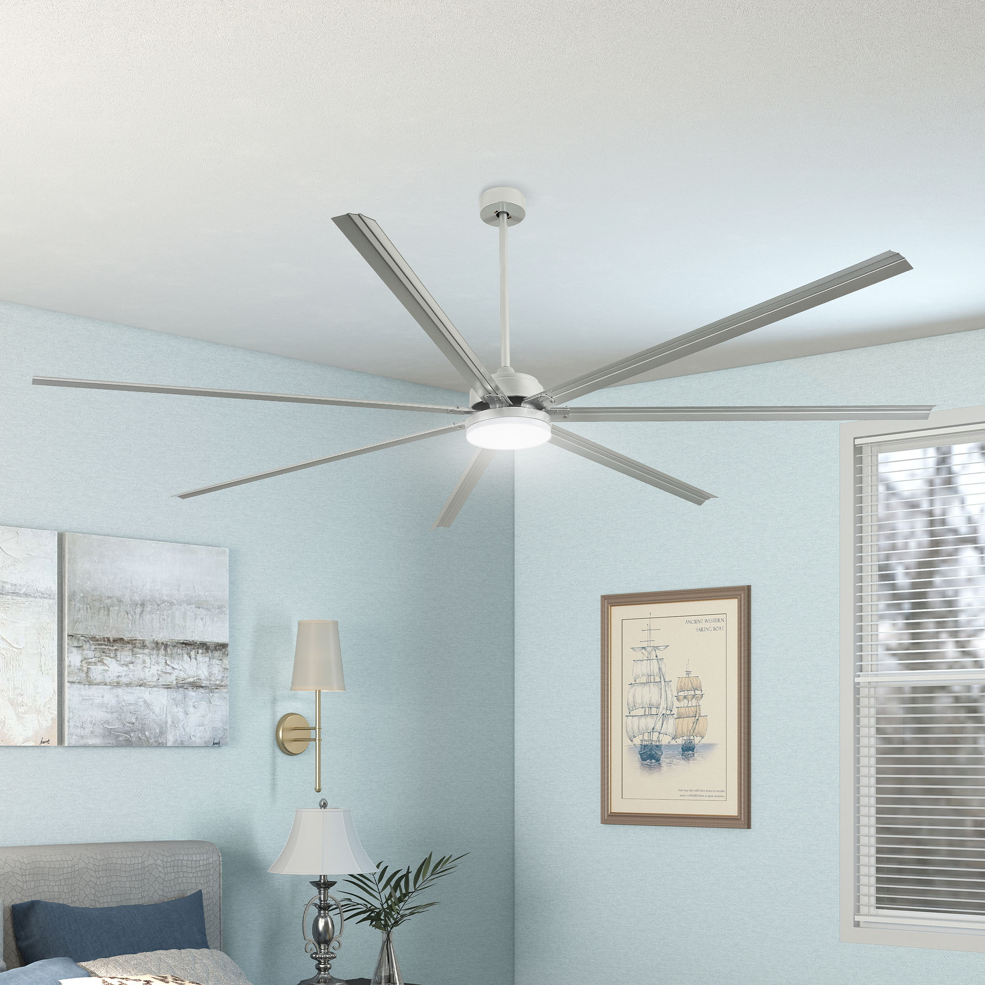 Uforic 96 inch Industrial Ceiling Fan with Lights and Remote Control – Quiet, High Airflow, Durable for Home & Commercial Use - Nickel