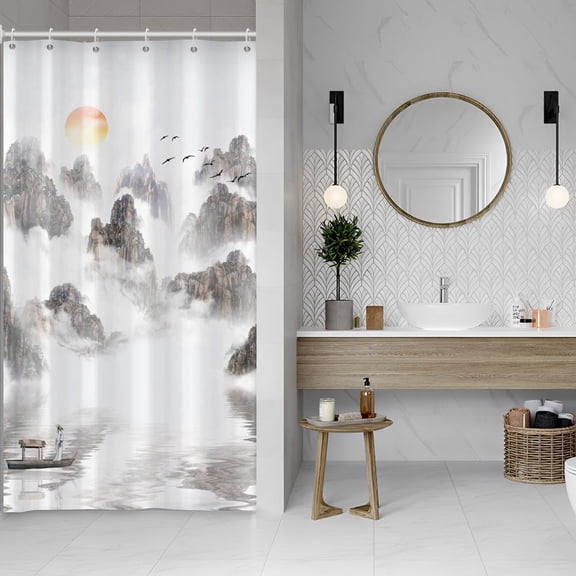 Baocicoo Chinese Ink Painting Shower Curtain Sets Sunrise Sea of Clouds Asian Mountain Landscape Shower Curtains for Bathroom Teahouse Cubicle Fabric Bathroom Decorations with Hooks 36x72 Inches