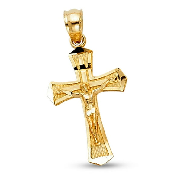 Mens Contemporary Crucifix Jesus Pendant Solid Cross 14k Yellow Gold Religious Charm Christian Jewelry 21 mm x 18 mm