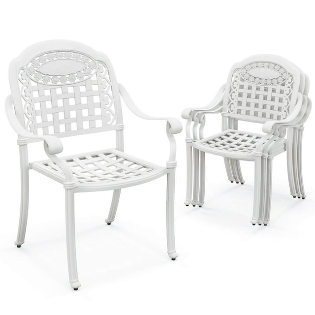 Costway 4 PCS Patio Cast Aluminum Armrest Chairs Dining Stackable Outdoor White